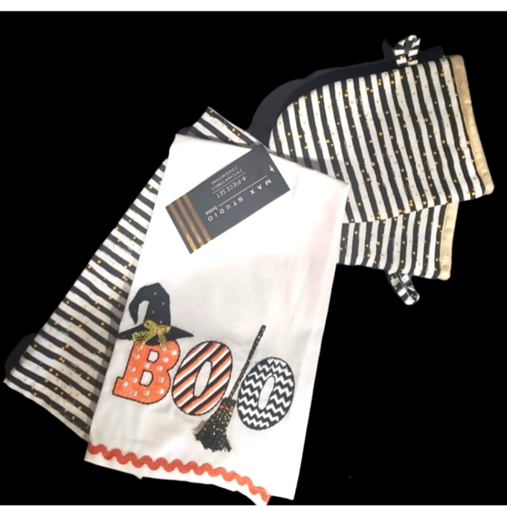 4pc Max Studio Halloween Black Orange White BOO WITCH 2 Towels 2 mitts N…